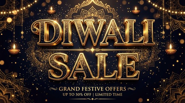Elegant diwali festival sale banner with golden text with twinkling lights against dark evoking celebration festivity intricate mandala designs