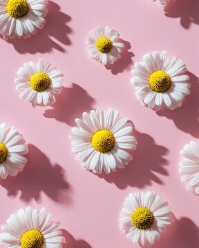White daisy flowers scattered on a pastel pink background with shadows
