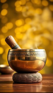 Handmade hammered Tibetan singing bowl resonates with soothing tones against vibrant yellow bokeh background, bokeh, relaxation