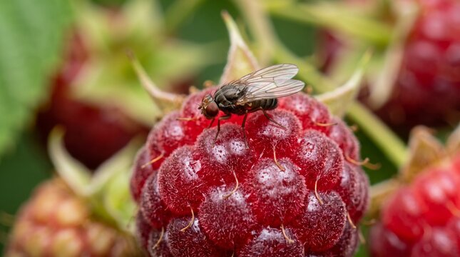 Macro shot of a fly on a ripe red raspberry