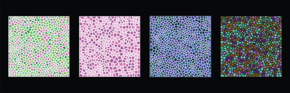 Set of four abstract geometric seamless patterns with colorful mosaic shapes and stained glass style textures for modern artistic design projects Vector