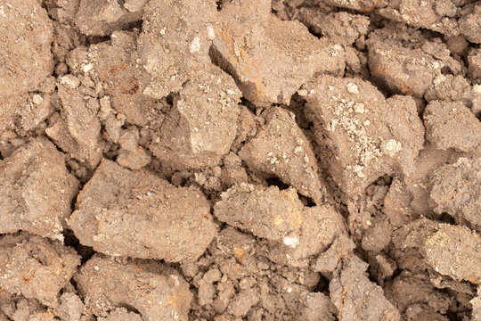 Clay soil, poor quality heavy top soil, freshky dug in a garden background backdrop. Home gardening chore concept