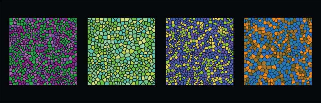 Set of four colorful mosaic patterns with abstract geometric stained glass style squares and organic shapes in vibrant green blue purple and orange colors for creative background design Vector