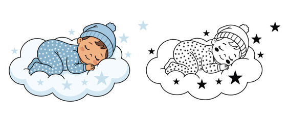 Dreamy illustration of a sleeping child surrounded by stars and soft clouds