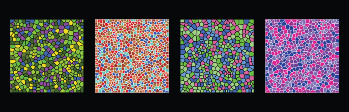 Set of four colorful mosaic patterns with abstract geometric shapes and vibrant stained glass texture in square frames for creative digital design projects and backgrounds Vector