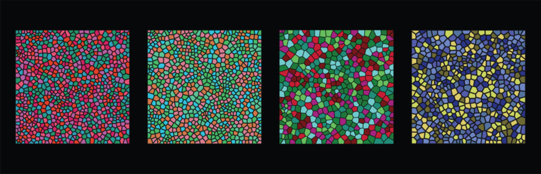 Set of four colorful mosaic geometric patterns with small irregular shapes and vibrant color combinations for modern digital backgrounds and creative artistic graphic design projects Vector