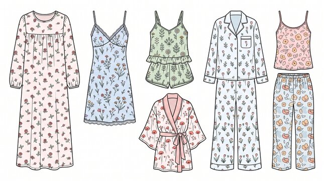 a collection of colorful flat vector illustrations of women's floral patterned sleepwear and pajama sets