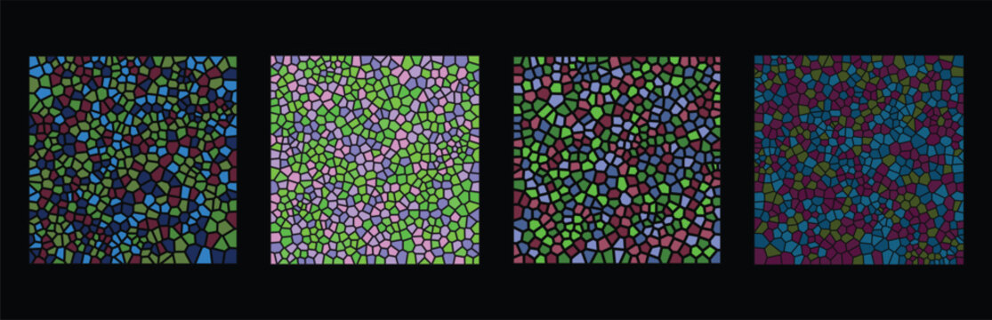 Set of four abstract geometric patterns with colorful mosaic tile shapes and digital pixel blocks on black background Vector
