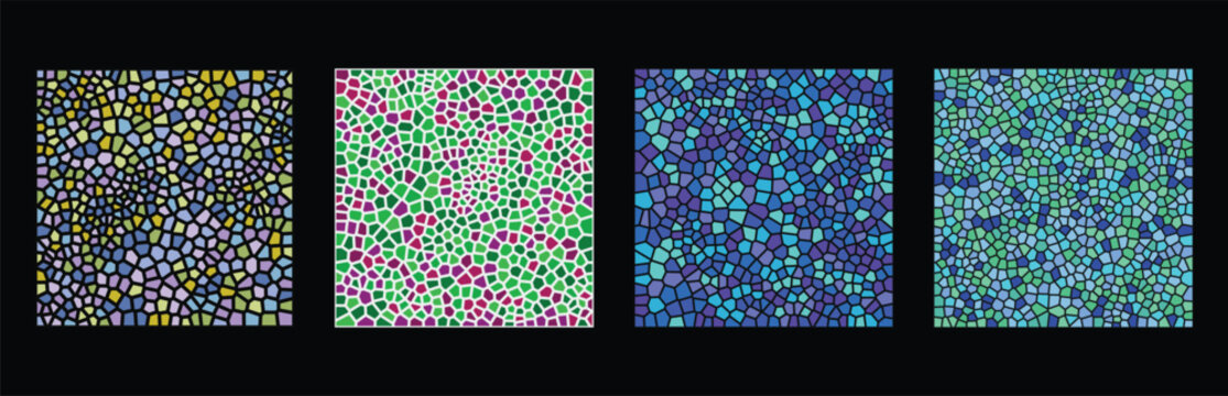 Set of four abstract geometric mosaic patterns with colorful stained glass texture and small irregular shapes for modern design backgrounds and digital art projects Vector