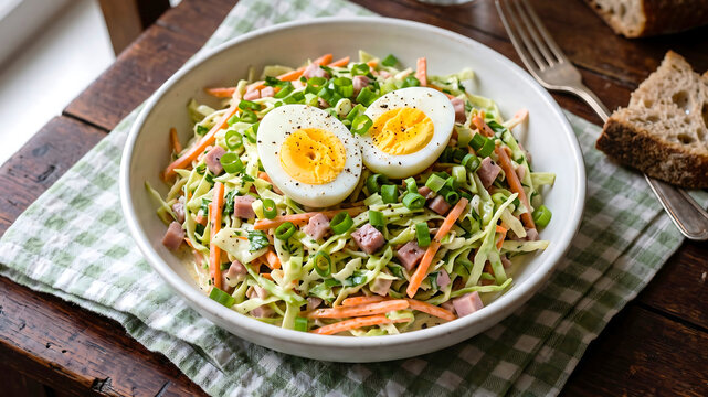 Fresh coleslaw salad with boiled egg halves diced ham shredded cabbage carrots and green onions served in a white bowl on rustic wooden kitchen table