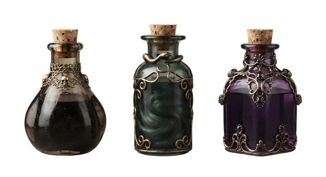 Set of three antique magic potion bottles with cork stoppers