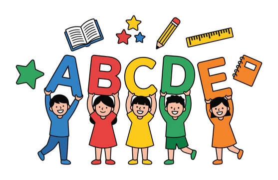 Children holding up large colorful letters spelling abcde with school supplies