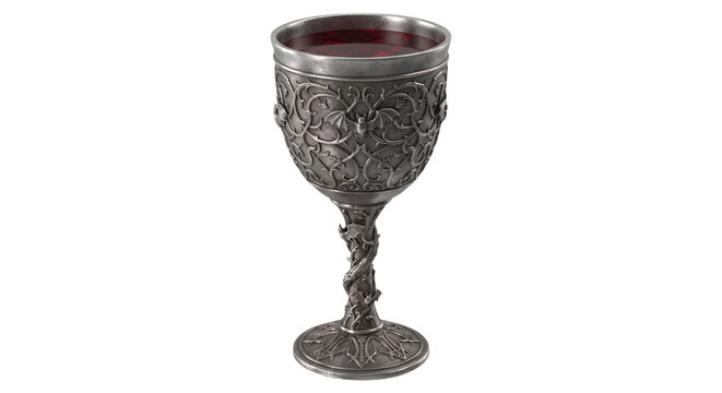 Gothic metal goblet filled with dark red wine