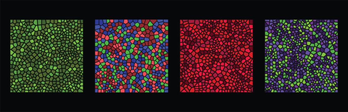 Set of four colorful square abstract geometric mosaic patterns with small triangle shapes and vibrant textured designs for modern artistic backgrounds and digital creative projects Vector