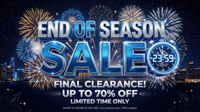 Urgent end of season sale countdown with fireworks with glowing city skyline backdrop under starry night sky emphasizing urgency excitement with typography fireworks bursts