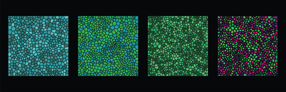 Set of four abstract geometric mosaic patterns with colorful crystal shapes and dark backgrounds for modern graphic design textures and digital wallpaper backdrops Vector