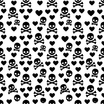 Gothic skull and heart seamless pattern, black and white emo vector background, edgy skull and crossbones wallpaper isolated on White Background