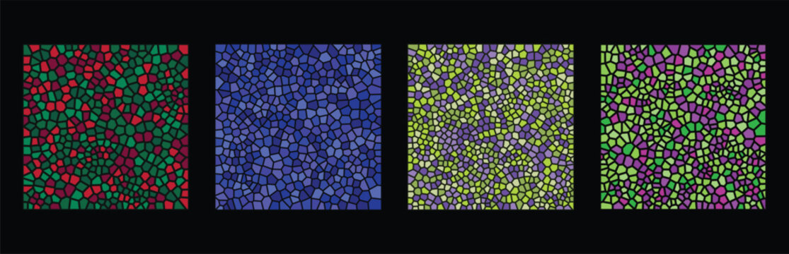 Set of four colorful mosaic patterns with abstract geometric shapes and stained glass effect in vibrant red green blue yellow and purple colors for creative design projects Vector