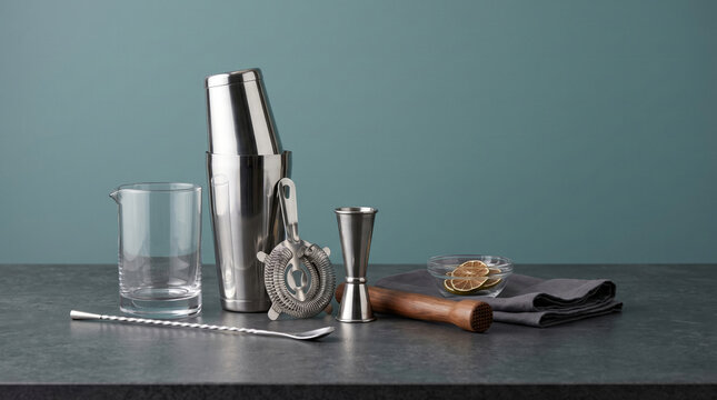 Bar tools arranged on dark countertop