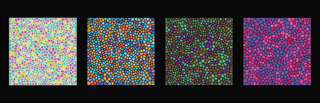 Set of four colorful mosaic patterns with abstract geometric shapes and stained glass texture in bright and dark color schemes for modern graphic design backgrounds and digital art Vector