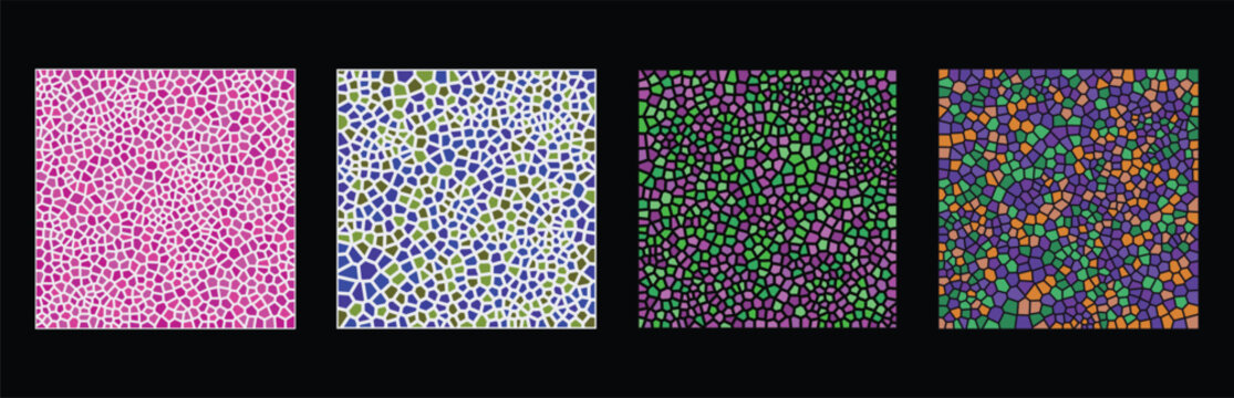 Set of four colorful mosaic patterns with abstract geometric shapes and various vibrant color palettes for creative design backgrounds and modern digital textures Vector
