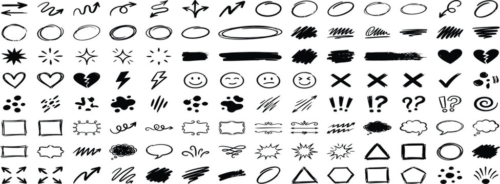 Hand drawn scribble marks set, squiggly lines arrows, sketchy hearts. Sketch brush strokes, doodles, frames underlines crayon, marker punk style texture elements. Grunge illustration pack editable art