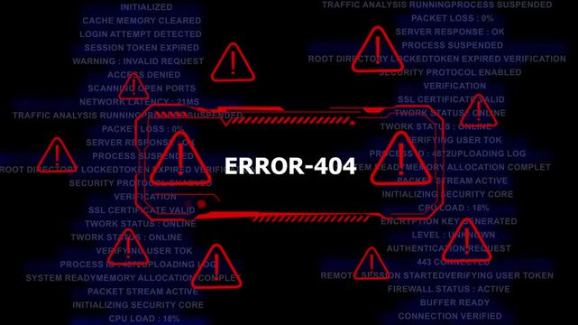Dynamic 404 error page notification with glowing red warning triangles and abstract digital data background, for cybersecurity, website, maintenance, server failure, and technical system