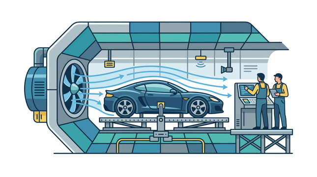 Automotive wind tunnel testing of sports car for aerodynamics and performance enhancement, engineers monitoring data.