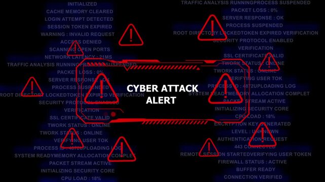 Dynamic cyber attack alert warning interface with pulsing red warning triangles and digital system data streams for cybersecurity threat detection, network security breach, and information
