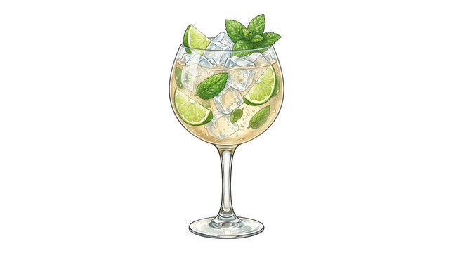 Refreshing mojito cocktail drink with fresh lime and mint leaves isolated on transparent background