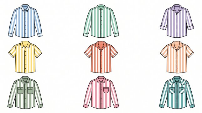 a set of nine flat vector illustrations of pastel striped men's casual button-down shirts