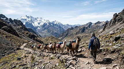 Fototapeta premium Hiker leading llamas on a mountain trail in the Andes
