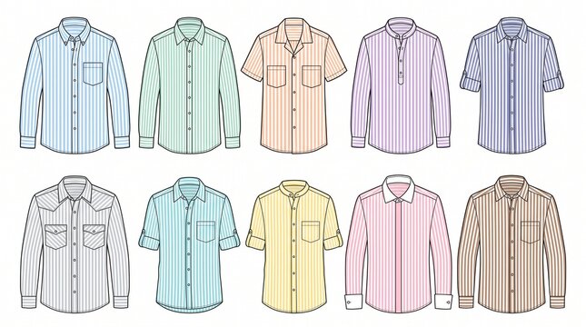 a set of ten flat vector illustrations of pastel colored men's casual and dress shirts