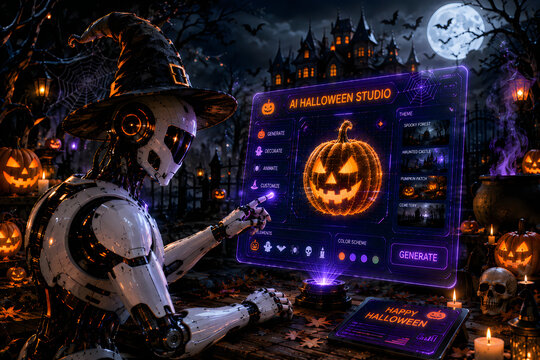 Futuristic robot wearing a witch hat using a digital computer screen to design a glowing jack o lantern pumpkin for a spooky halloween celebration in a dark forest