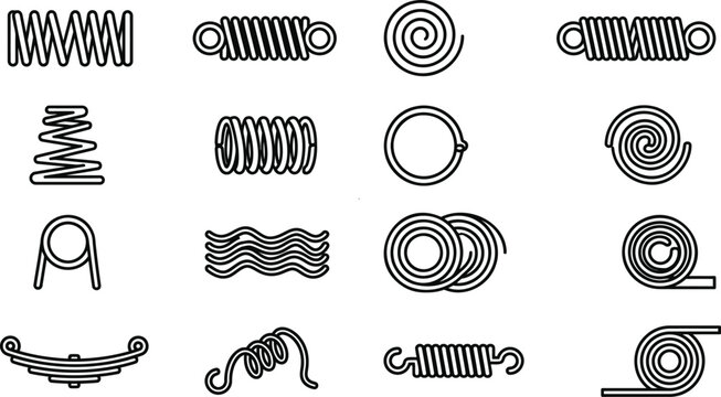 Collection of metal spring and coil line icons for mechanical engineering