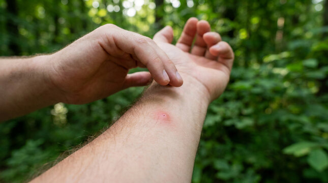 Close up of a man scratching his arm due to an allergic reaction or insect bite while hiking in the green forest showing red irritated skin and symptoms of allergy or dermatitis rash.