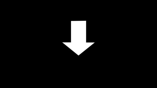 Minimalist white downward pointing arrow animation on solid black background, for digital interface, user experience navigation, web ui and, instructional motion projects