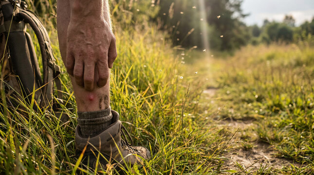 Close up of a person scratching their itchy leg while standing in tall grass next to a bicycle during an outdoor ride showing symptoms of allergic reaction or an insect bite irritation.