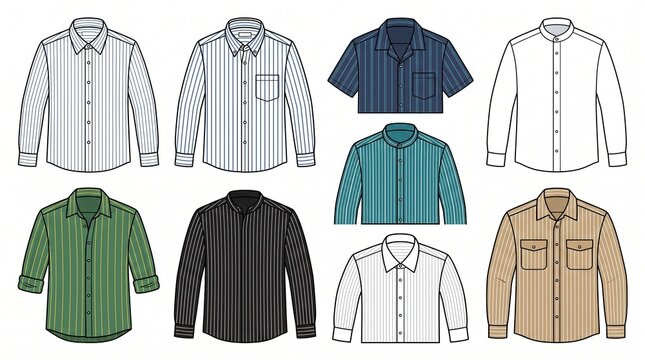 a set of nine flat vector illustrations of various men's casual and dress button-down shirts