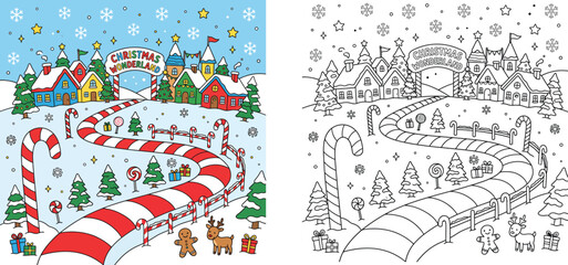 Christmas Wonderland Vector Illustration with Colored and Black and White Line Art Coloring Page Featuring Winter Village, Candy Cane Road, Reindeer, Gingerbread, and Gifts