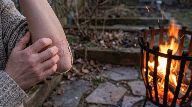 Person scratching itchy arm skin due to allergy or insect bite while sitting outdoors near a warm fire pit in the backyard during autumn season showing symptoms of eczema or dermatitis.