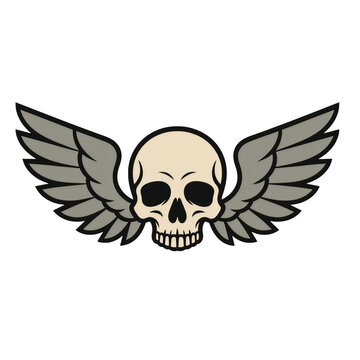 Human skull with spread wings illustration on gray background