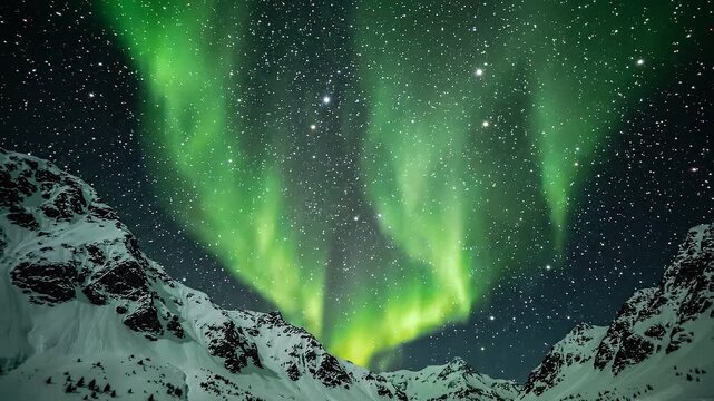 Vibrant green aurora borealis dancing over snowy mountain peaks under starry night sky.