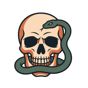Human skull illustration with green snake coiling through head
