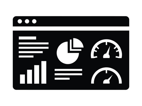 Data dashboard vector icon, business analytics interface with charts and gauges, website performance monitoring UI