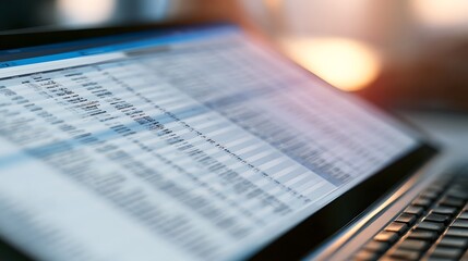 Obraz premium Close up of a laptop screen displaying a data table with soft warm lighting in the background
