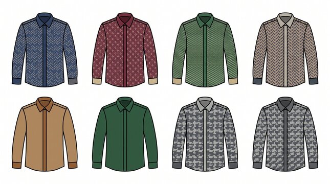 a set of eight flat vector illustrations of men's patterned and solid long-sleeve button-down shirts