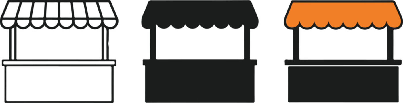 Street market stall kiosk vector icon set