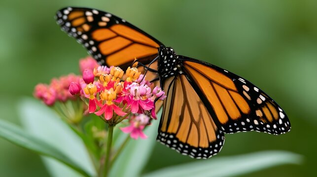 A monarch butterfly perches delicately on a cluster of pink and orange blossoms against a soft green background