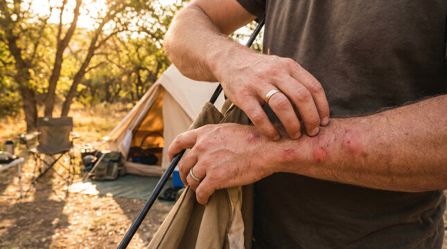 Close-up of a man scratching his arm due to an itchy skin allergy reaction from insect bites during an outdoor camping trip in nature